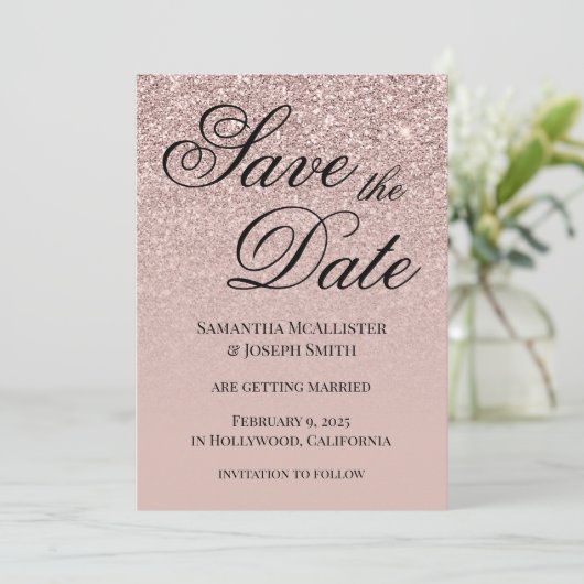 Antiek Stof Roze Glitter Gradiënt Save The Date (Staand voorkant)