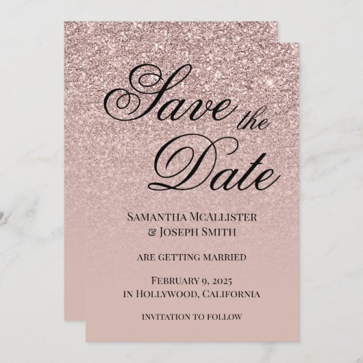 Antiek Stoffige Roze Glitter Gradient Save The Date (Voorkant / Achterkant)