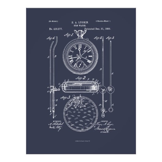 Antiek stopwatch, 1889 Patenttekening Foto Afdruk (Voorkant)