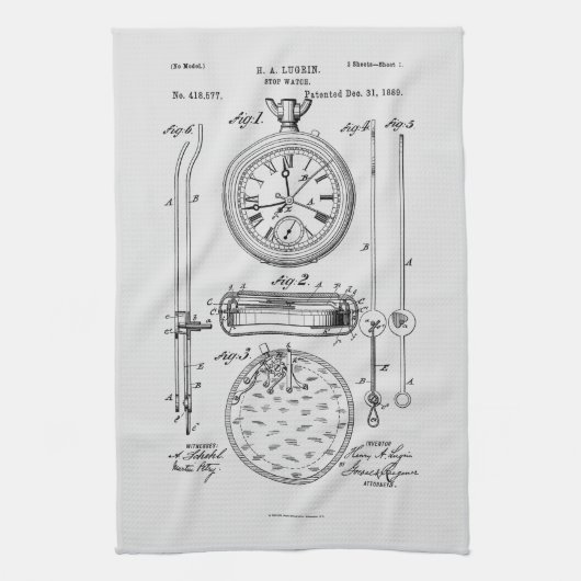 Antiek stopwatch, 1889 Patenttekening Theedoek (Verticaal)