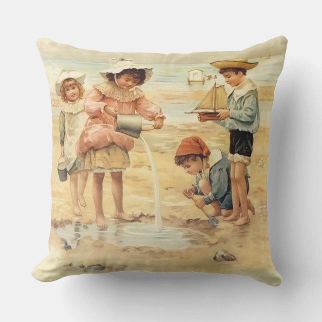  Antiek Strand Jongen Meisje Kinderen Fine Art Buitenkussen (Voorkant)