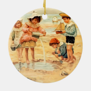 Antiek Strand Jongen Meisje Kinderen Fine Art Keramisch Ornament