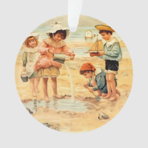 Antiek Strand Jongen Meisje Kinderen Fine Art Ornament