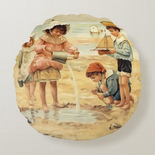  Antiek Strand Jongen Meisje Kinderen Fine Art Rond Kussen (Voorkant)