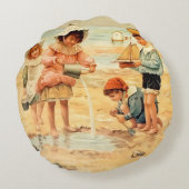  Antiek Strand Jongen Meisje Kinderen Fine Art Rond Kussen (Achterkant)