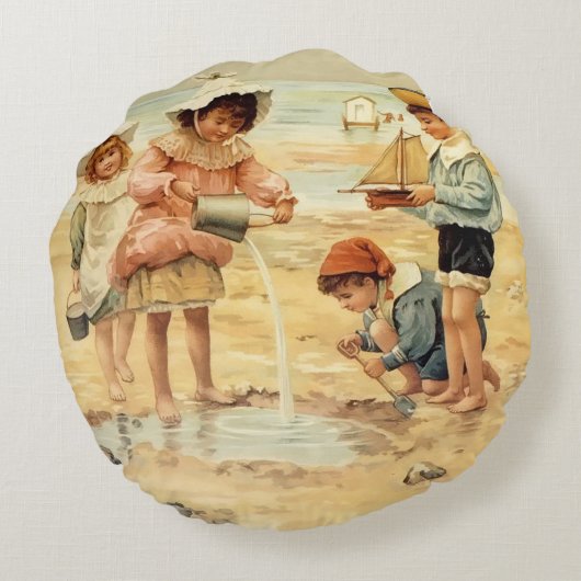  Antiek Strand Jongen Meisje Kinderen Fine Art Rond Kussen (Achterkant)