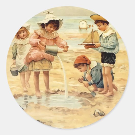 Antiek Strand Jongen Meisje Kinderen Fine Art Ronde Sticker (Voorkant)