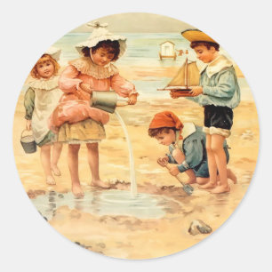 Antiek Strand Jongen Meisje Kinderen Fine Art Ronde Sticker