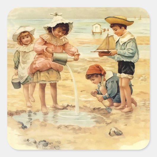  Antiek Strand Jongen Meisje Kinderen Fine Art Vierkante Sticker (Voorkant)