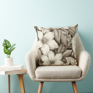 Antiek-Style Sepia Bloemen met Fijne Lijnvoering Kussen