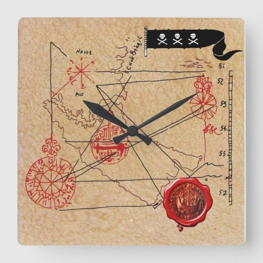 ANTIEK TALISMAN / PIRATEN BEHANDELING KAART PARCHM VIERKANTE KLOK (Voorkant)