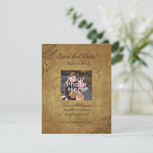  Antiek Teastain Swirl sparen de Datum Foto Save The Date (Staand voorkant)