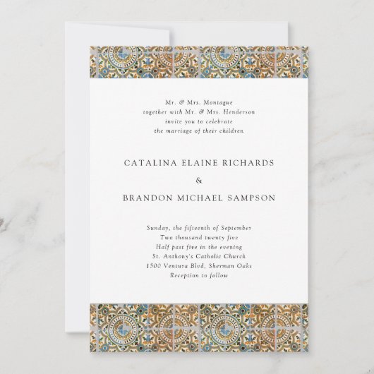 Antiek Tegels Blauw en Goud bruiloft Kaart (Voorkant)