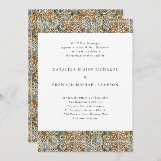 Antiek Tegels Blauw en Goud bruiloft Kaart (Voorkant / Achterkant)