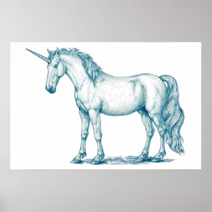 Antiek tekening van een Eenhoorn Poster