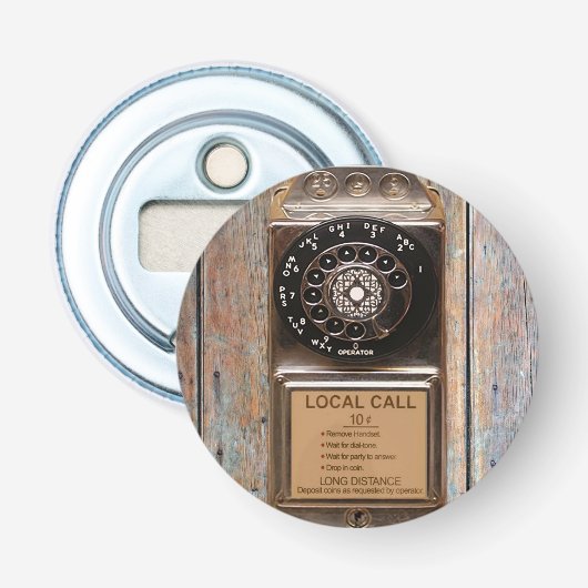 Antiek telefoontoestel met mobiele telefoon robuus button flesopener (Voorkant)