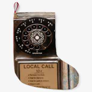 Antiek telefoontoestel met mobiele telefoon robuus kleine kerstsok
