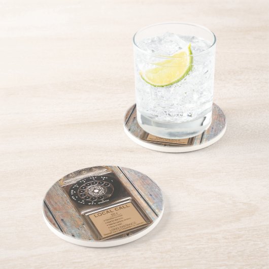 Antiek telefoontoestel met mobiele telefoon robuus zandsteen onderzetter (Zijkant)