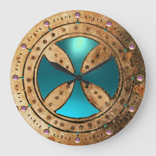 ANTIEK TEMPLAR CROSS Aqua Blue Gem Grote Klok (Voorkant)