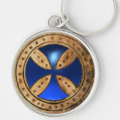 ANTIEK TEMPLAR CROSS Blue Sapphire Gem Sleutelhanger (Voorkant)