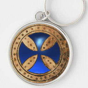 ANTIEK TEMPLAR CROSS Blue Sapphire Gem Sleutelhanger