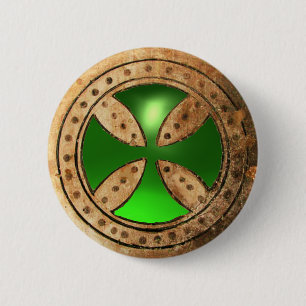 ANTIEK TEMPLAR CROSS Green Emerald Gem Ronde Button 5,7 Cm