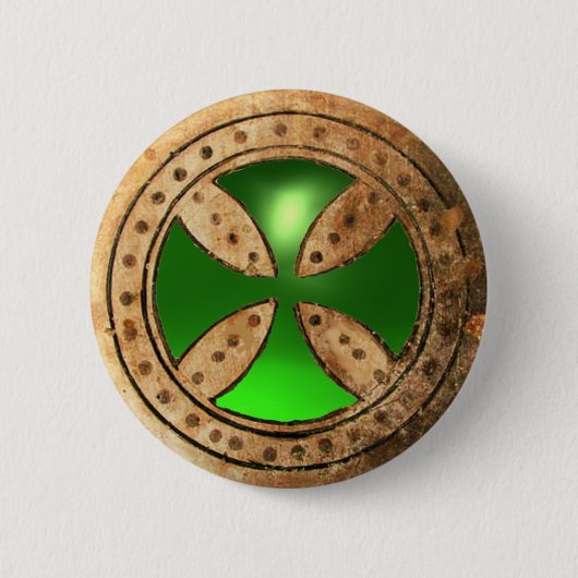 ANTIEK TEMPLAR CROSS Green Emerald Gem Ronde Button 5,7 Cm (Voorkant)
