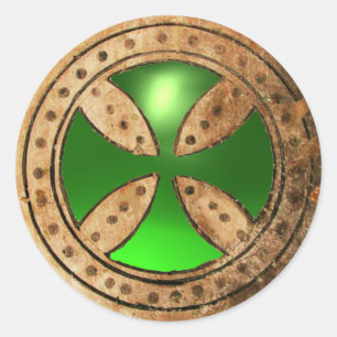 ANTIEK TEMPLAR CROSS Green Emerald Gem Ronde Sticker