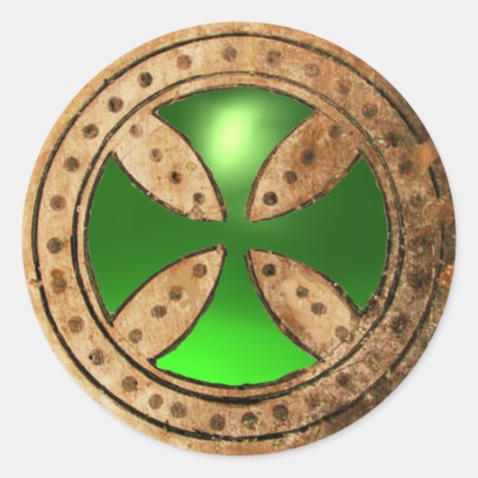 ANTIEK TEMPLAR CROSS Green Emerald Gem Ronde Sticker (Voorkant)