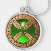 ANTIEK TEMPLAR CROSS Green Emerald Gem Sleutelhanger (Voorkant)