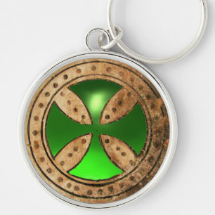 ANTIEK TEMPLAR CROSS Green Emerald Gem Sleutelhanger