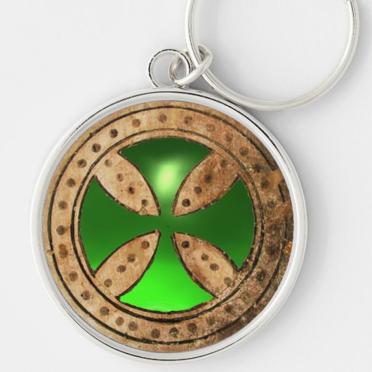 ANTIEK TEMPLAR CROSS Green Emerald Gem Sleutelhanger (Voorkant)