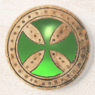 ANTIEK TEMPLAR CROSS Green Emerald Gem Zandsteen Onderzetter