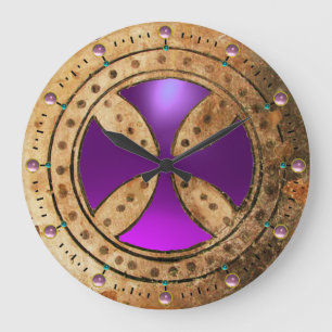 ANTIEK TEMPLAR CROSS Paars Amethyst Gem Grote Klok