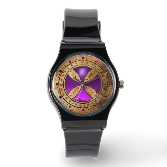 ANTIEK TEMPLAR CROSS Paars Amethyst Gem Horloge (Voorkant)