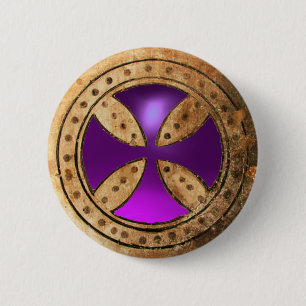 ANTIEK TEMPLAR CROSS Paars Amethyst Gem Ronde Button 5,7 Cm