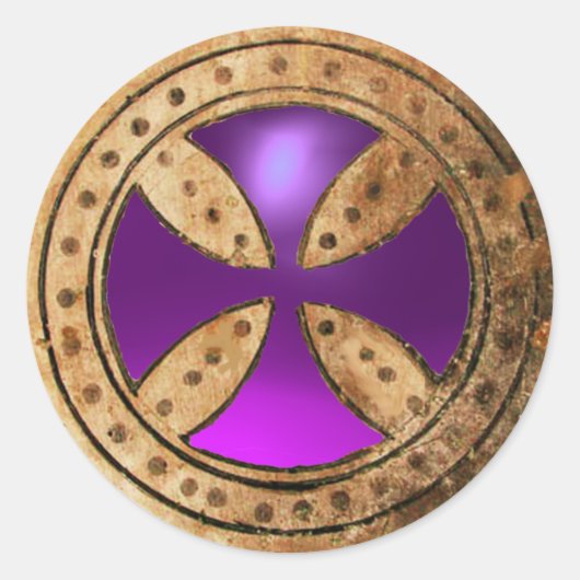 ANTIEK TEMPLAR CROSS Paars Amethyst Gem Ronde Sticker (Voorkant)