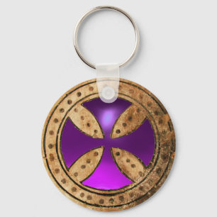 ANTIEK TEMPLAR CROSS Paars Amethyst Gem Sleutelhanger