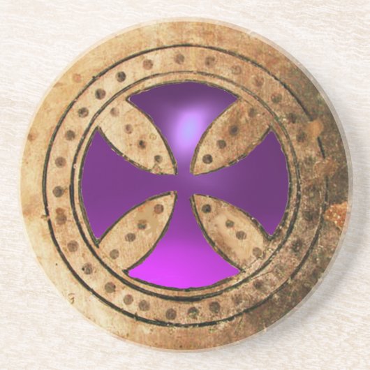 ANTIEK TEMPLAR CROSS Paars Amethyst Gem Zandsteen Onderzetter (Voorkant)