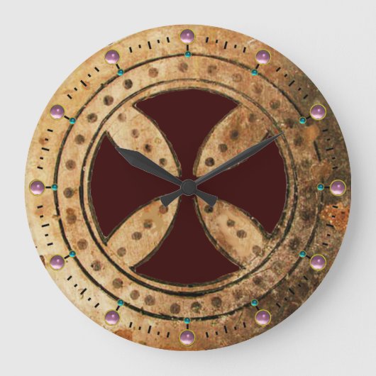 ANTIEK TEMPLAR CROSS Pink Amethyst Gemstenen Grote Klok (Voorkant)