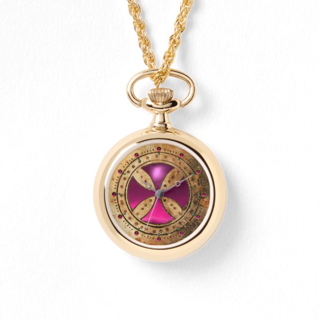 ANTIEK TEMPLAR CROSS Pink Fuchsia Gem Horloge (Voorkant)