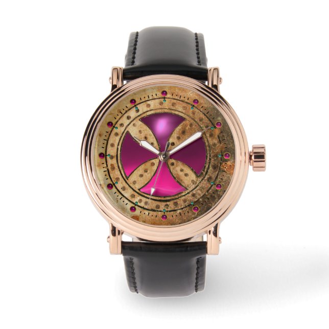 ANTIEK TEMPLAR CROSS Pink Fuchsia Gem Horloge (Voorkant)