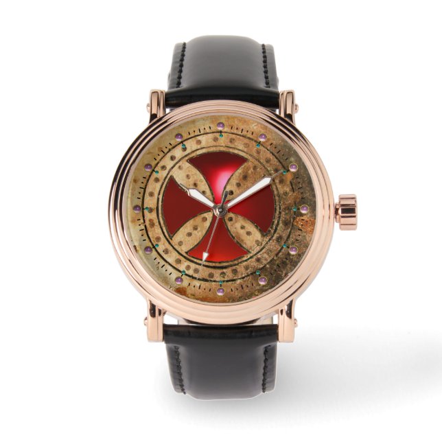 ANTIEK TEMPLAR CROSS Red Ruby Gem Horloge (Voorkant)