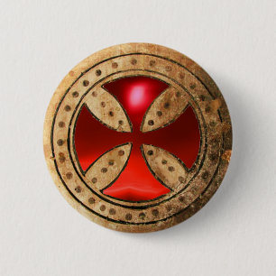ANTIEK TEMPLAR CROSS Red Ruby Gem Ronde Button 5,7 Cm