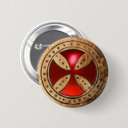 ANTIEK TEMPLAR CROSS Red Ruby Gem Ronde Button 5,7 Cm (Voorkant /achterkant)