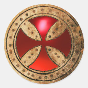 ANTIEK TEMPLAR CROSS Red Ruby Gem Ronde Sticker