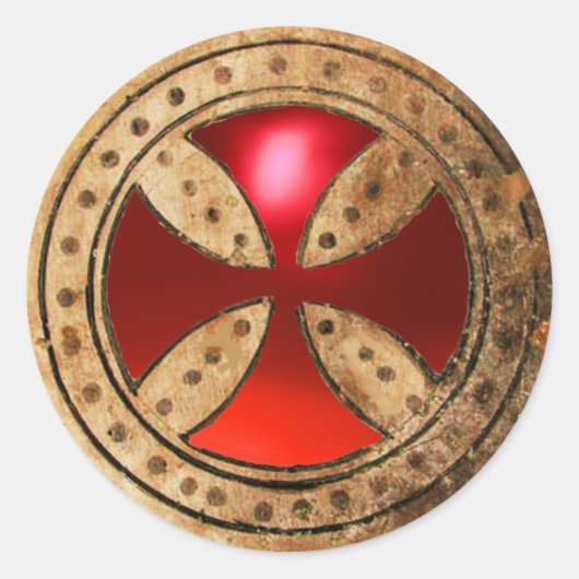 ANTIEK TEMPLAR CROSS Red Ruby Gem Ronde Sticker (Voorkant)