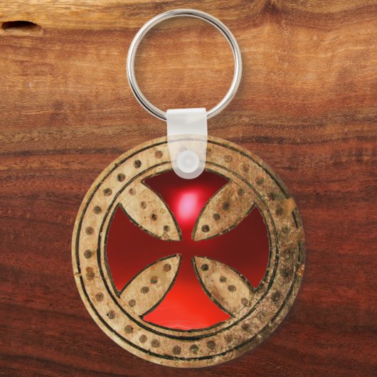 ANTIEK TEMPLAR CROSS Red Ruby Gem Sleutelhanger (Voorkant)