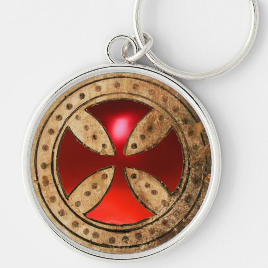 ANTIEK TEMPLAR CROSS Red Ruby Gem Sleutelhanger (Voorkant)
