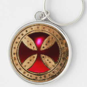 ANTIEK TEMPLAR CROSS Red Ruby Gem Sleutelhanger